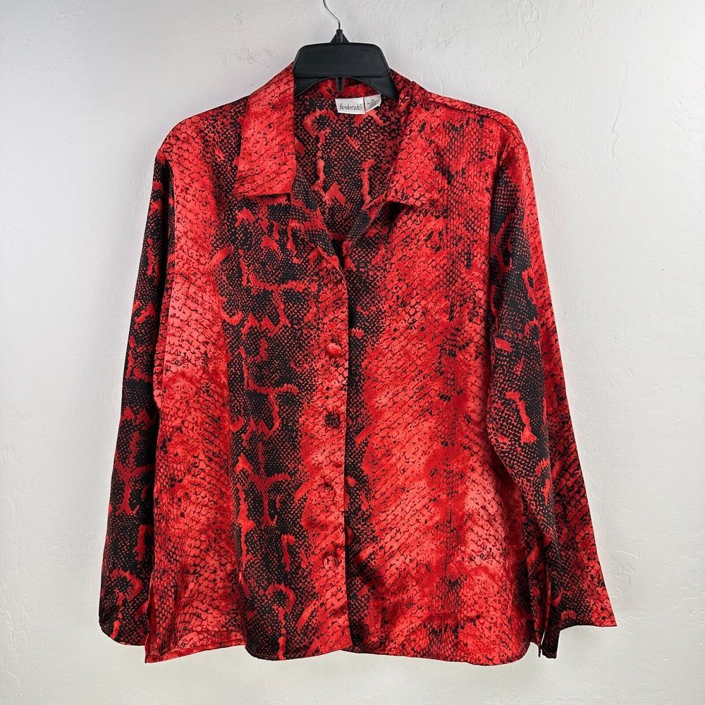 Frederick's Of Hollywood Satin Shirt M Red Black Snakeskin Button Up Side Slit